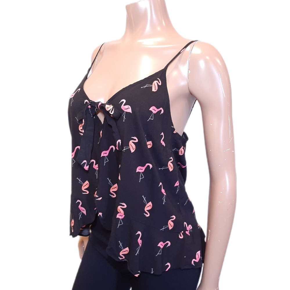 GEORGE Flamingo Cami Tank Top Tie Front Cut Out Tiered Ruffled Sleeveless Large